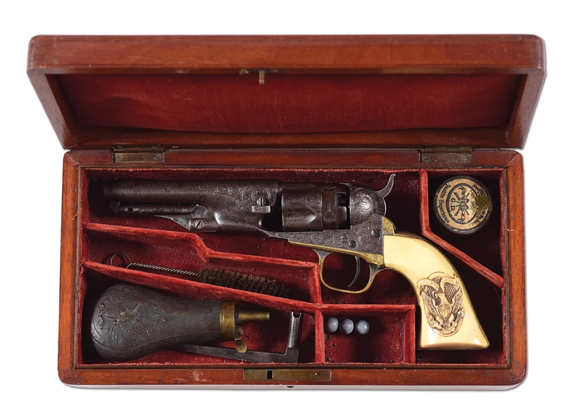 (A) CASED FACTORY ENGRAVED IVORY GRIPPED COLT MODEL 1862 POLICE REVOLVER.