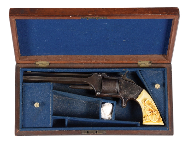 (A) CASED SMITH & WESSON MODEL 2 OLD MODEL REVOLVER WITH CARVED IVORY GRIPS.