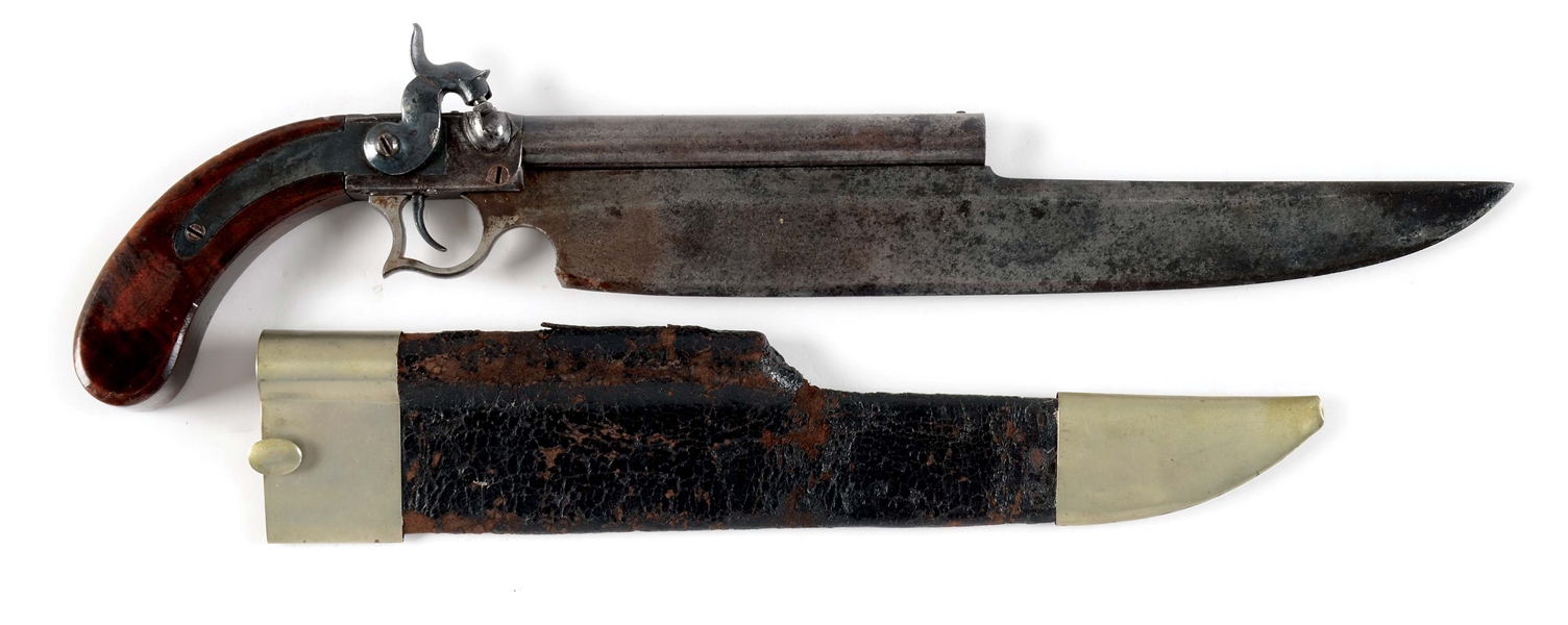 (A) OVERSIZED MORRIL, MOSMAN, & BLAIR PERCUSSION SINGLE SHOT CUTLASS PISTOL WITH 12" BOWIE KNIFE BLADE.