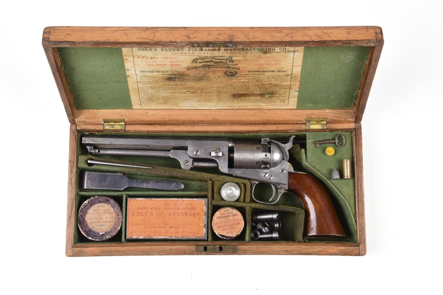 (A) CASED COLT MODEL 1851 THUER CONVERSION SINGLE ACTION REVOLVER.