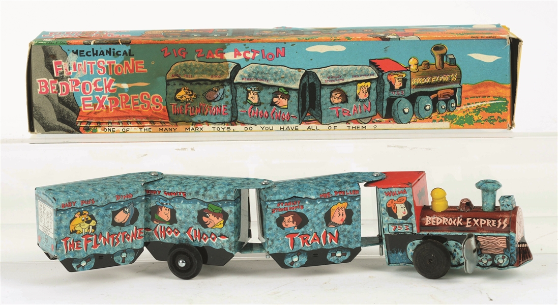 MARX TIN-LITHO WIND-UP FLINTSTONE BEDROCK EXPRESS TRAIN IN SCARCE ORIGINAL BOX.