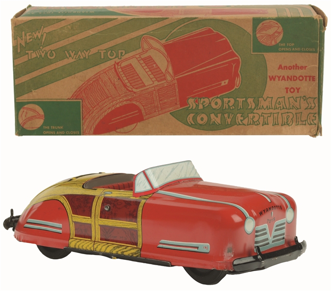 WYANDOTTE PRESSED STELL SPORTSMANS CONVERTIBLE PUSH TOY WITH VERY RARE ORIGINAL BOX.