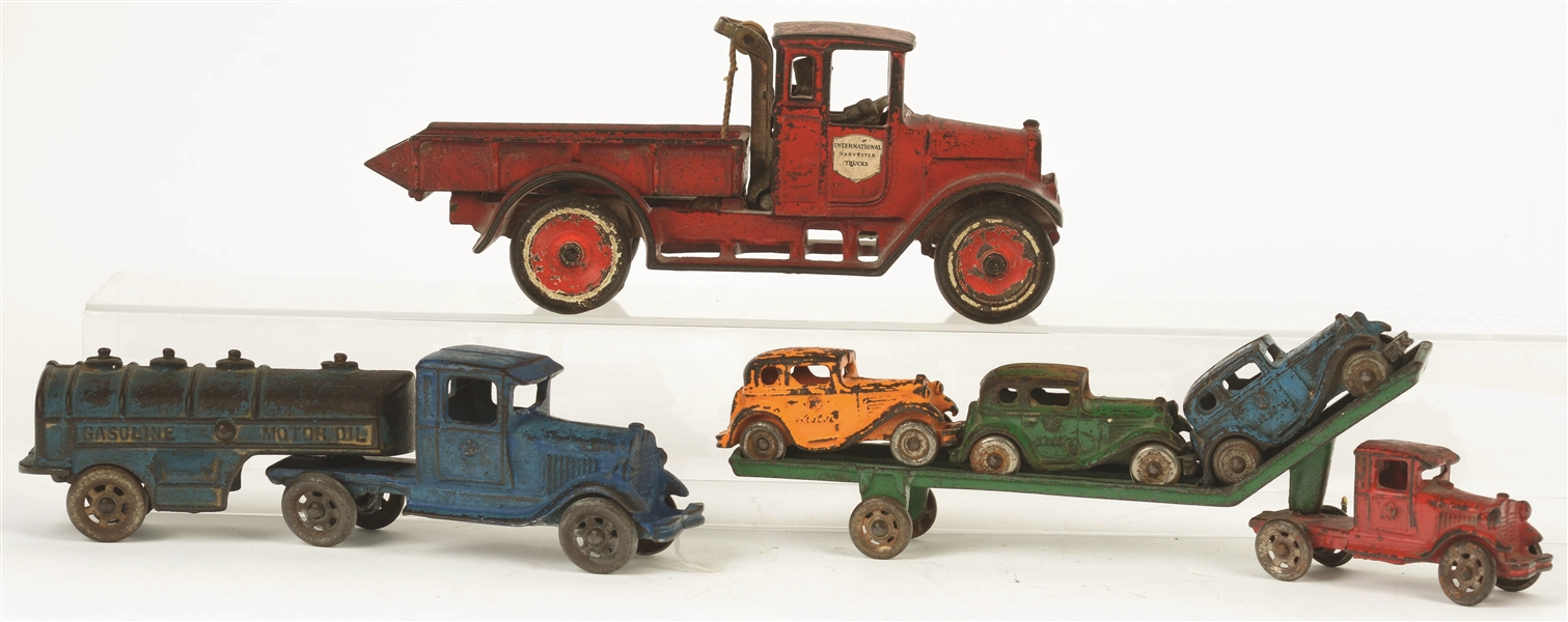 LOT OF 3: AMERICAN MADE CAST-IRON VEHICLE TOYS.