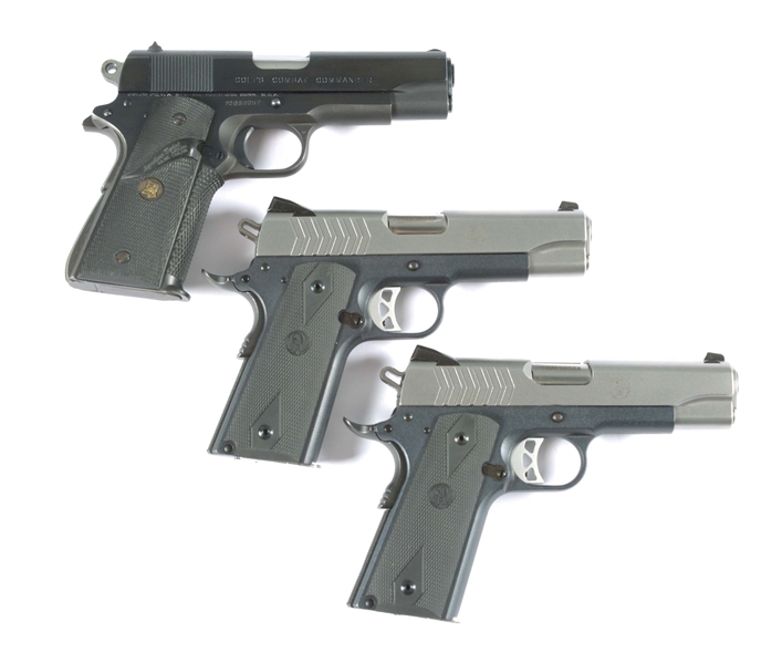 (M) LOT OF THREE: ONE COLT COMBAT COMMANDER SEMI-AUTOMATIC PISTOL AND TWO BOXED RUGER SR1911 SEMI-AUTOMATIC PISTOLS.