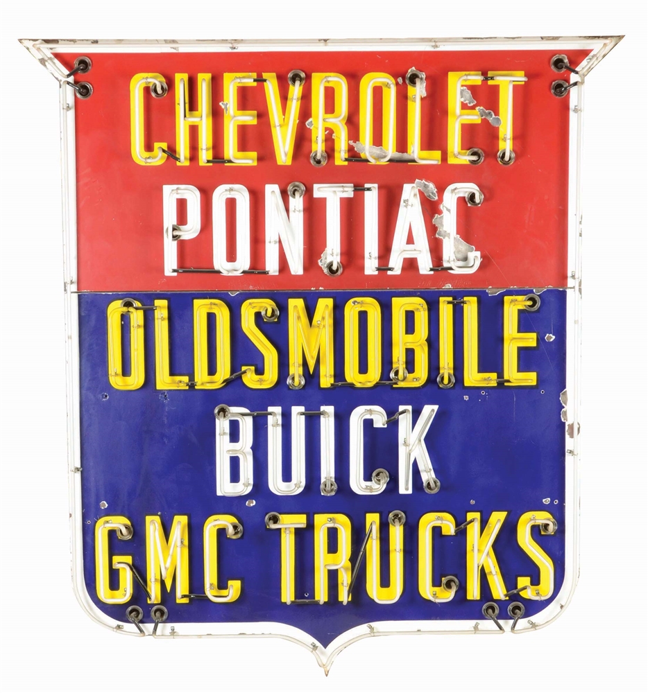 OUTSTANDING TWO PIECE PORCELAIN NEON SHIELD SIGN FOR CHEVROLET, PONTIAC, OLDSMOBILE, BUICK & GMC TRUCKS.