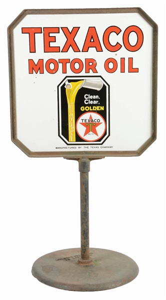 TEXACO MOTOR OIL PORCELAIN LOLLIPOP SIGN W/ POURING CAN GRAPHIC. 