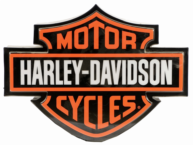 HARLEY DAVIDSON MOTORCYCLES EMBOSSED PLASTIC LIGHT UP SIGN ON METAL CAN.