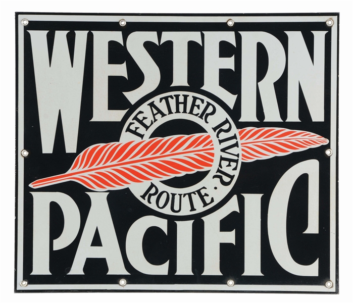 WESTERN PACIFIC RAILROAD PORCELAIN SIGN W/ FEATHER GRAPHIC.