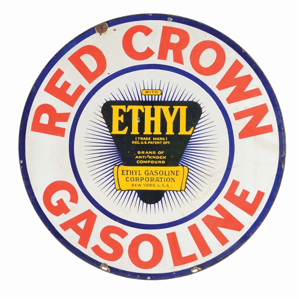 RED CROWN GASOLINE PORCELAIN CURB SIGN W/ ETHYL BURST GRAPHIC. 