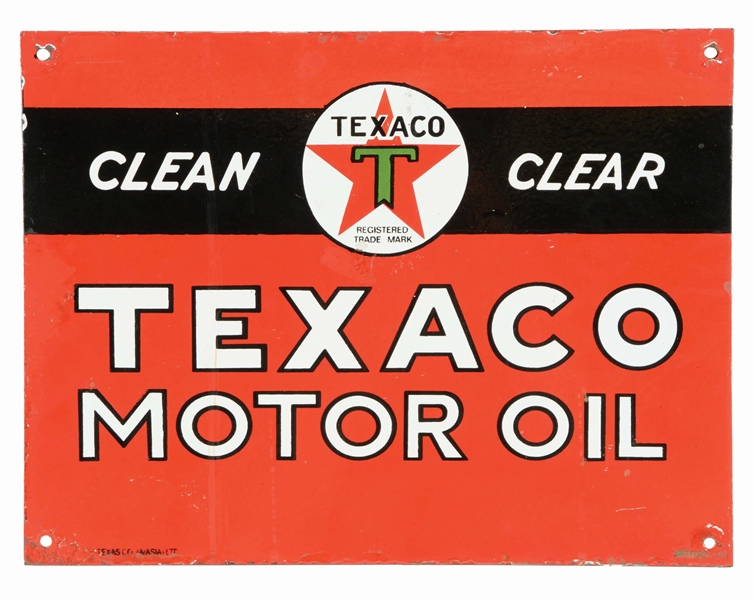 TEXACO CLEAN & CLEAR MOTOR OIL PORCELAIN SIGN.
