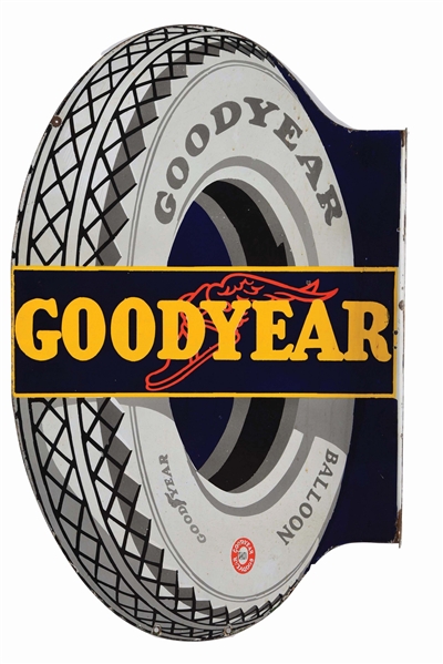 GOODYEAR TIRES DIE CUT PORCELAIN FLANGE SIGN W/ TIRE GRAPHIC.