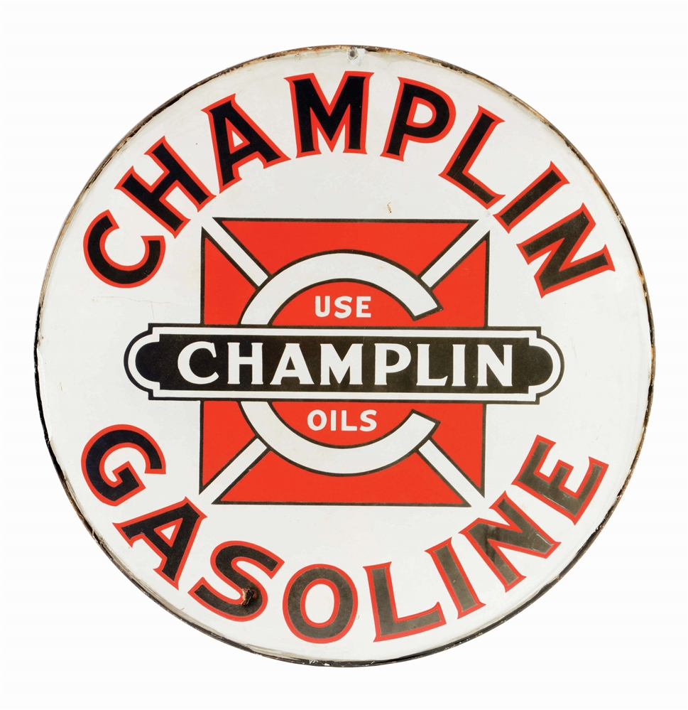 CHAMPLIN GASOLINE & MOTOR OILS PORCELAIN CURB SIGN.
