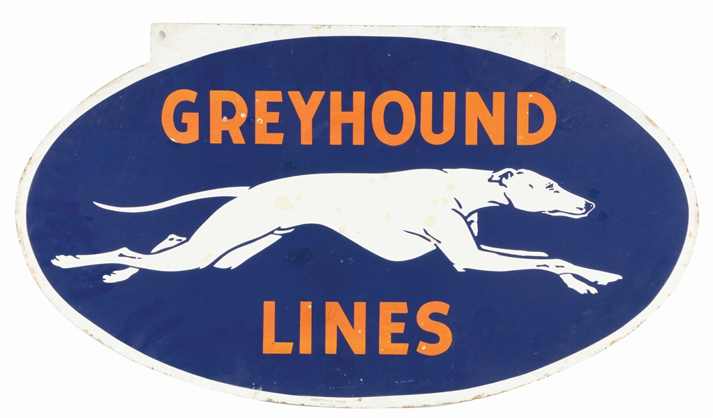 GREYHOUND LINES PORCELAIN SIGN W/ DOG GRAPHIC.