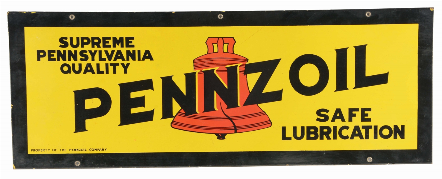 PENNZOIL SAFE LUBRICATION MOTOR OIL PORCELAIN SIGN W/ BELL GRAPHIC. 