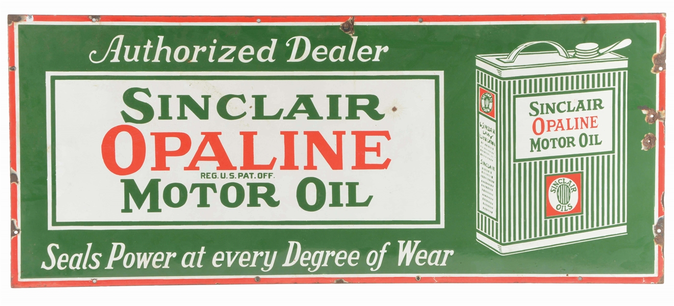SINCLAIR OPALINE MOTOR OIL PORCELAIN SIGN W/ CAN GRAPHIC. 