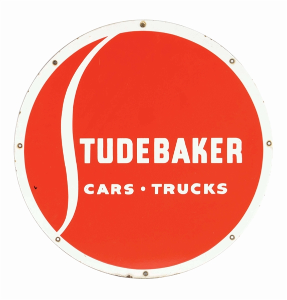 STUDEBAKER CARS & TRUCKS PORCELAIN SIGN.