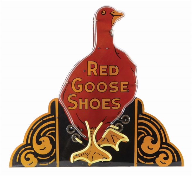 OUTSTANDING RED GOOSE SHOES DIE CUT PORCELAIN NEON SIGN.