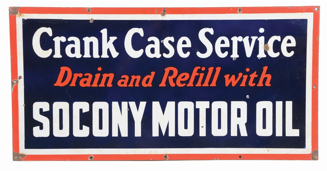 SOCONY MOTOR OIL CRANK CASE SERVICE PORCELAIN SIGN.
