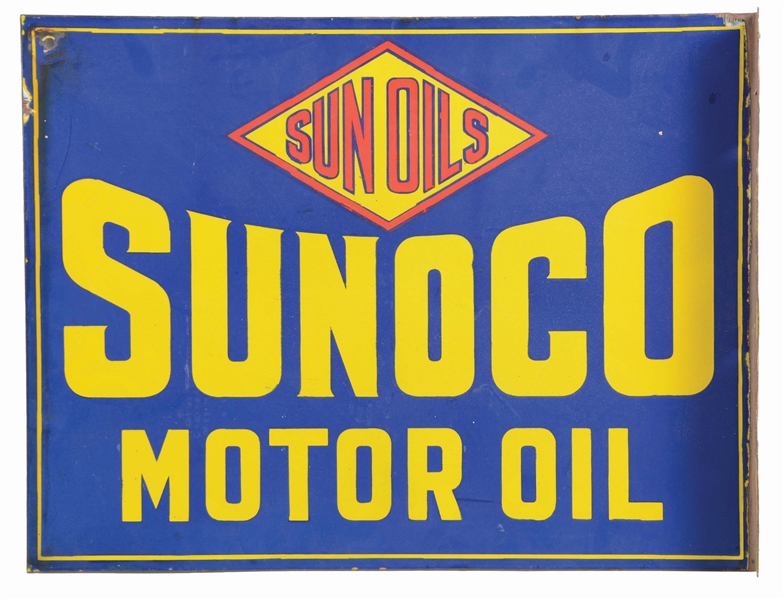 SUNOCO SUN OILS MOTOR OIL PORCELAIN FLANGE SIGN.