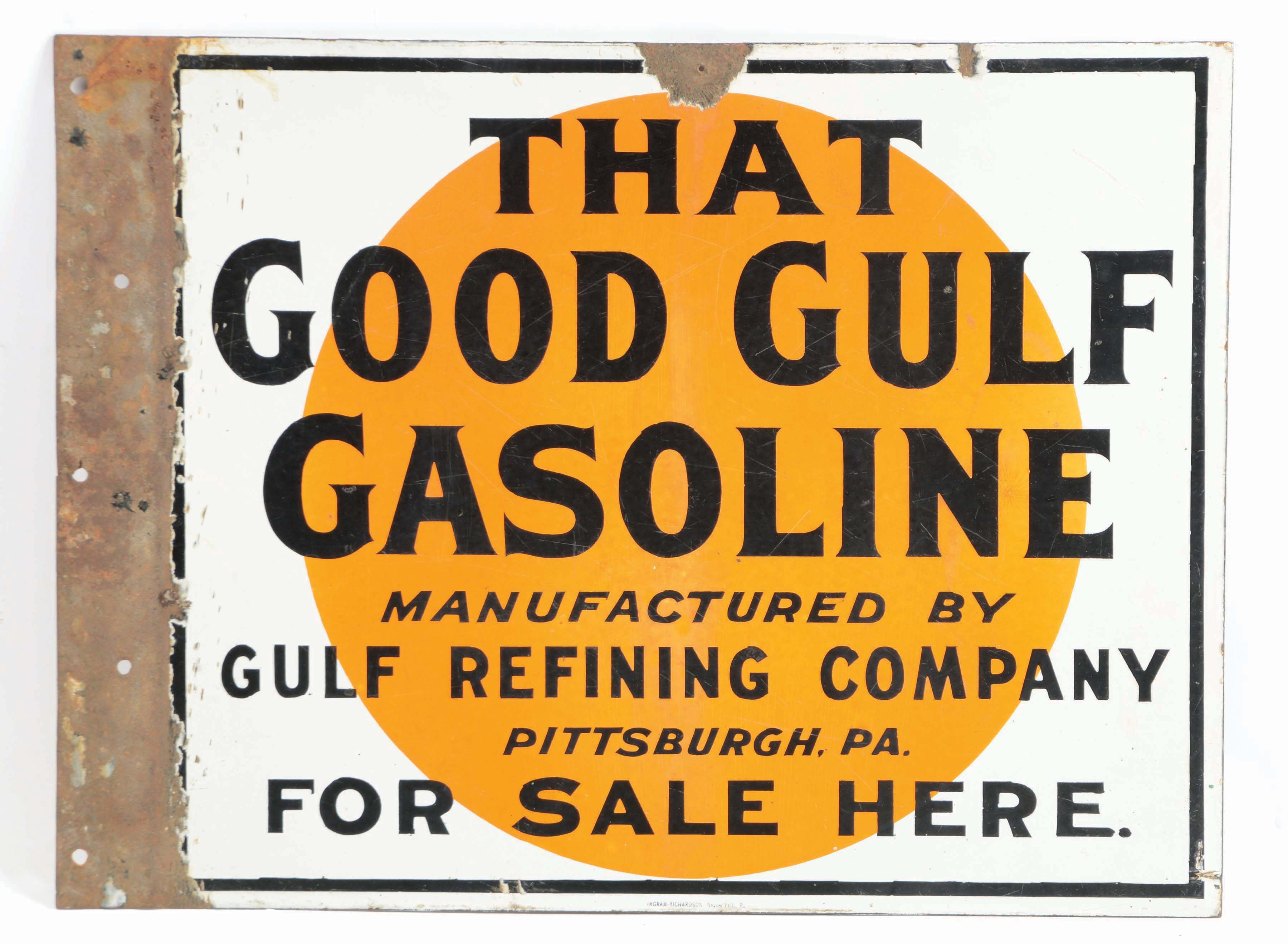 Lot Detail - THAT GOOD GULF GASOLINE PORCELAIN FLANGE SIGN.