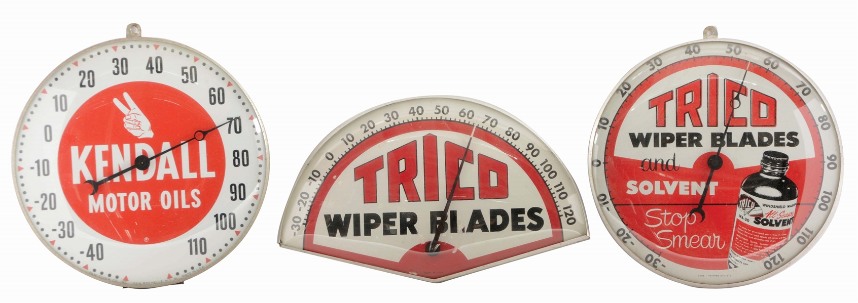 LOT OF THREE: KENDALL MOTOR OILS & TRICO WIPER BLADES GLASS FACE THERMOMETERS.