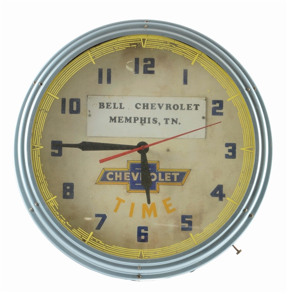 LACKNER NEON CLOCK FOR BELL CHEVROLET. 