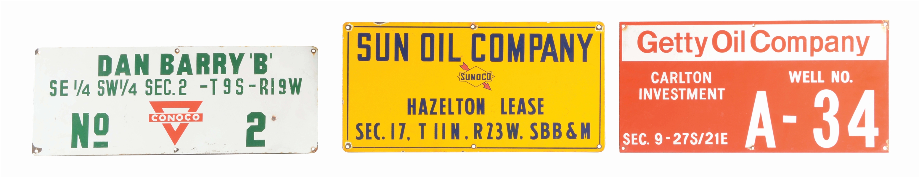 LOT OF 3: PORCELAIN WELL LEASE SIGNS FROM CONOCO, GETTY & SUNOCO. 
