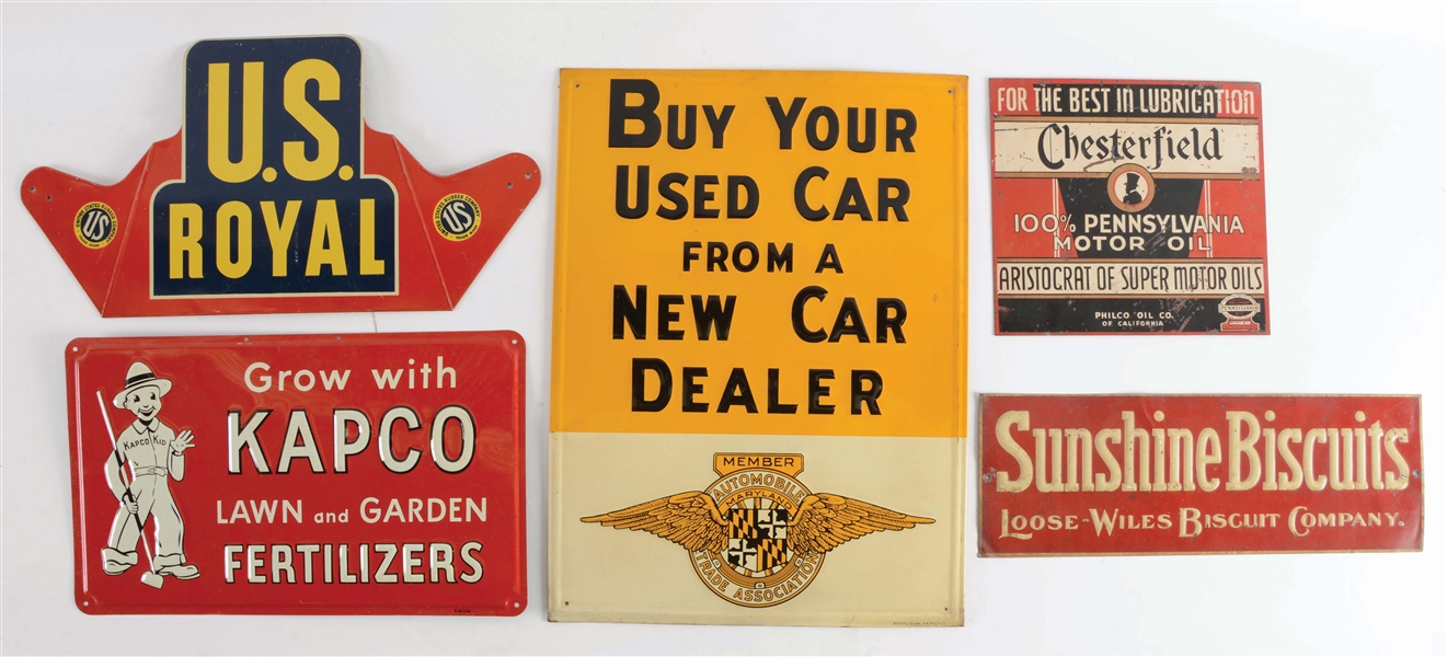 LOT OF 5: TIN ADVERTISING SIGNS. 