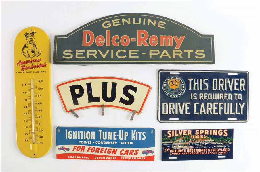 LOT OF SIX: AUTOMOTIVE TIN SIGNS.