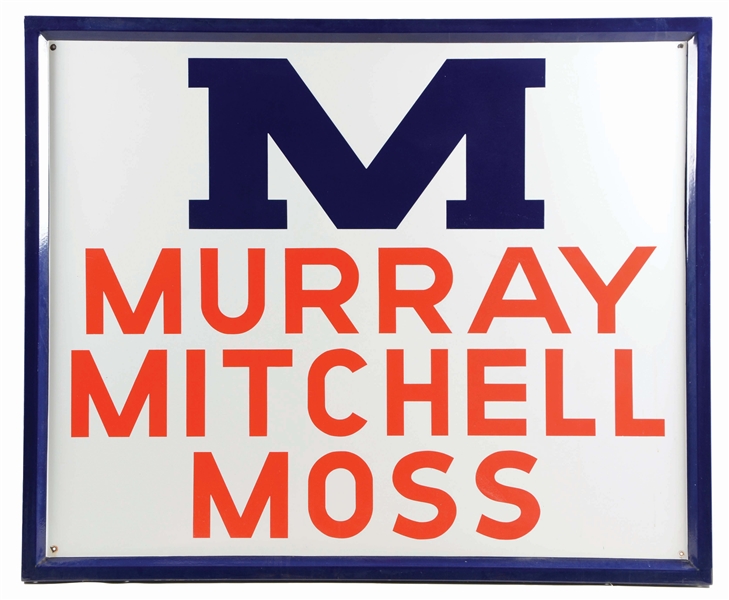 OUTSTANDING MURRAY MITCHELL MOSS COTTON MACHINERY PORCELAIN SIGN W/ SELF FRAMED EDGE. 