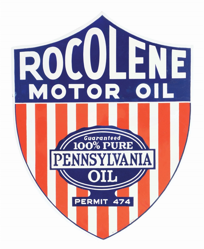 RARE ROCOLENE MOTOR OIL SINGLE SIDED PORCELAIN SHIELD SIGN W/ FLANGE BRACKETS. 
