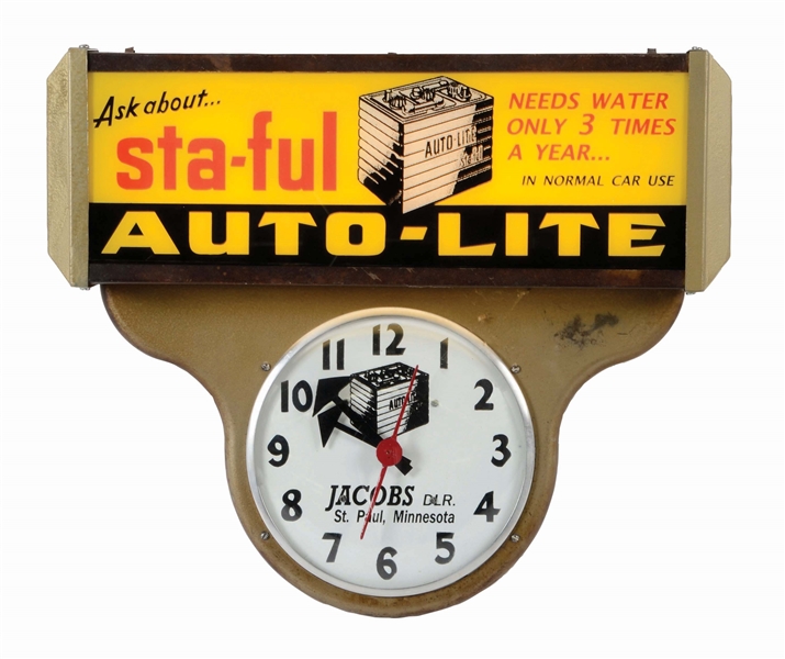 AUTO LIGHT BATTERIES GLASS FACE SERVICE STATION DISPLAY CLOCK.
