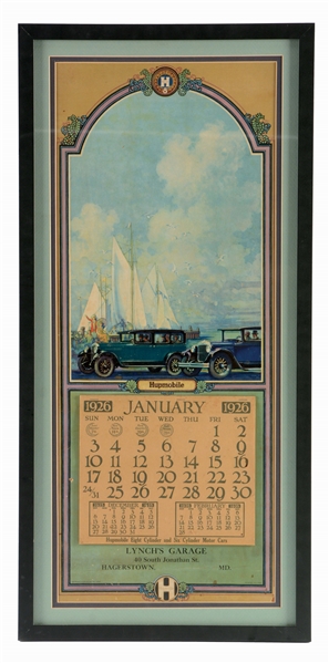 1926 HUPMOBILE FRAMED CALENDAR W/ EXCELLENT AUTOMOTIVE GRAPHICS.