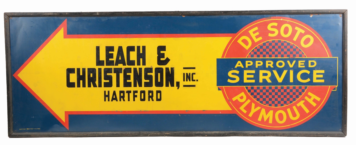 DE SOTO & PLYMOUTH APPROVED SERVICE TIN SIGN W/ ORIGINAL WOOD FRAME. 