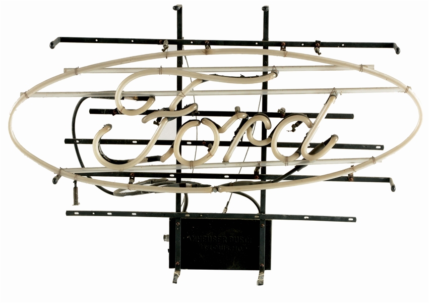 FORD MOTOR CARS NEON WINDOW SIGN W/ METAL SKELETON FRAME & STAND. 
