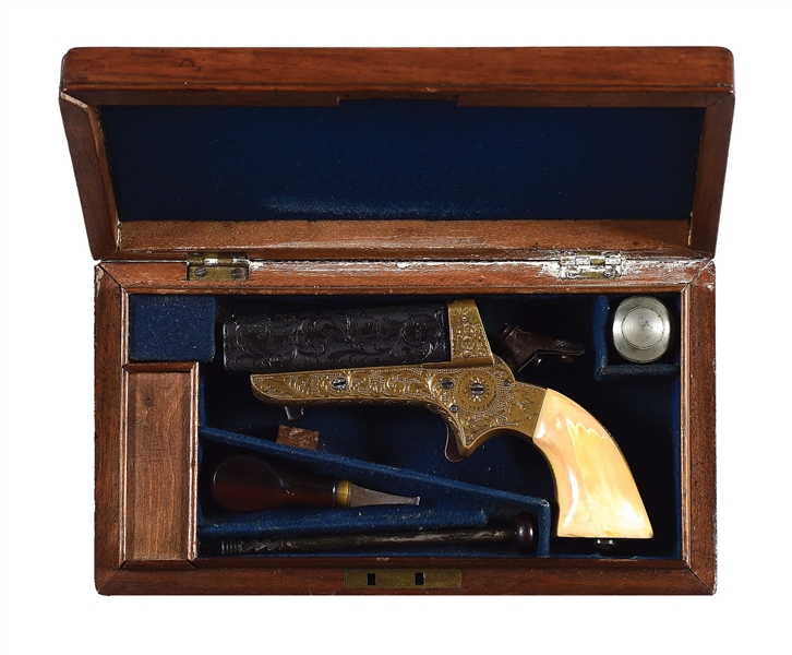 (A) CASED AND ENGRAVED TIPPING & LAWDEN FOUR BARREL DERINGER.