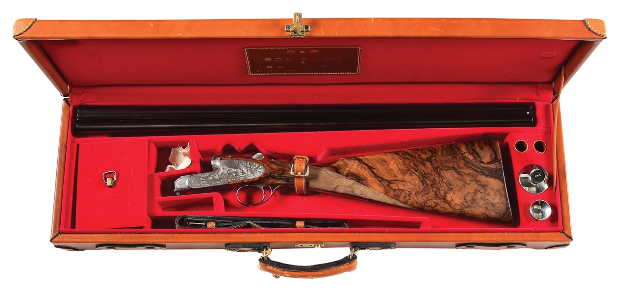 (M) 20 BORE ABBIATICO AND SALVINELLI SIDE BY SIDE SHOTGUN WITH FINE GAME SCENE ENGRAVING BY F.  GALEAZZI WITH CASE AND ACCESSORIES.