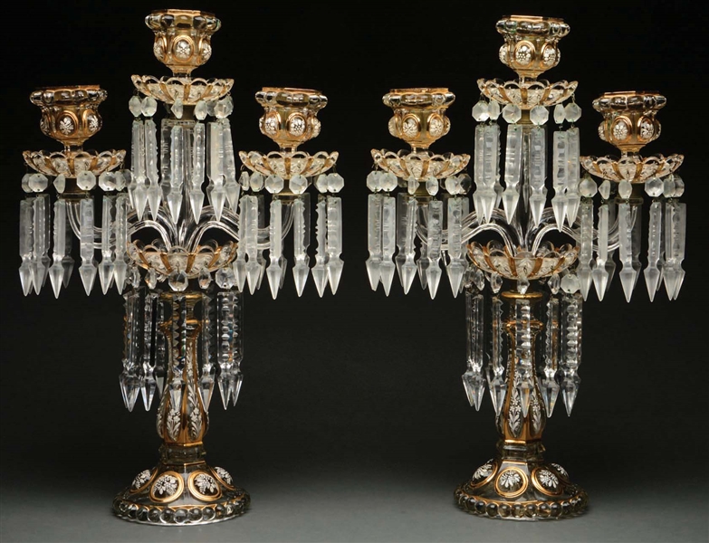 PAIR OF GLASS HAND-PAINTED CANDELABRA WITH PRISMS. 