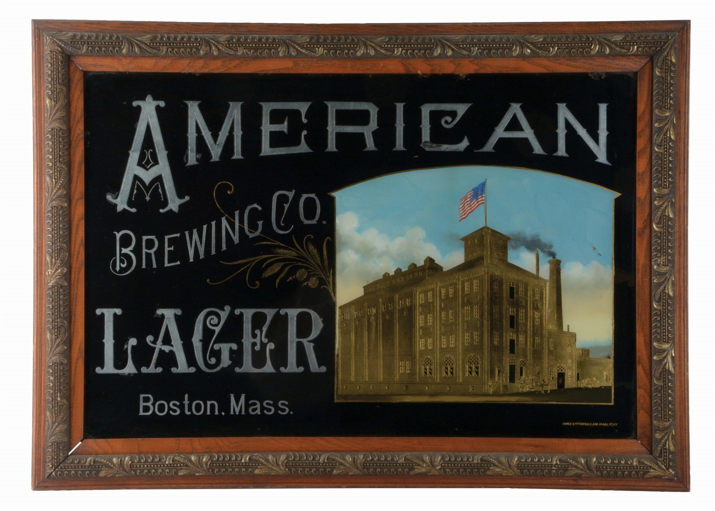 AMERICAN BREWING COMPANY LAGER REVERSE GLASS ADVERTISING SIGN.