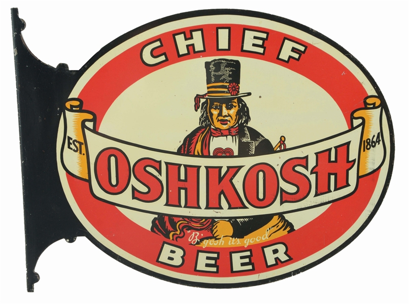 CHIEF OSHKOSH BEER TIN ADVERTISING FLANGE SIGN.