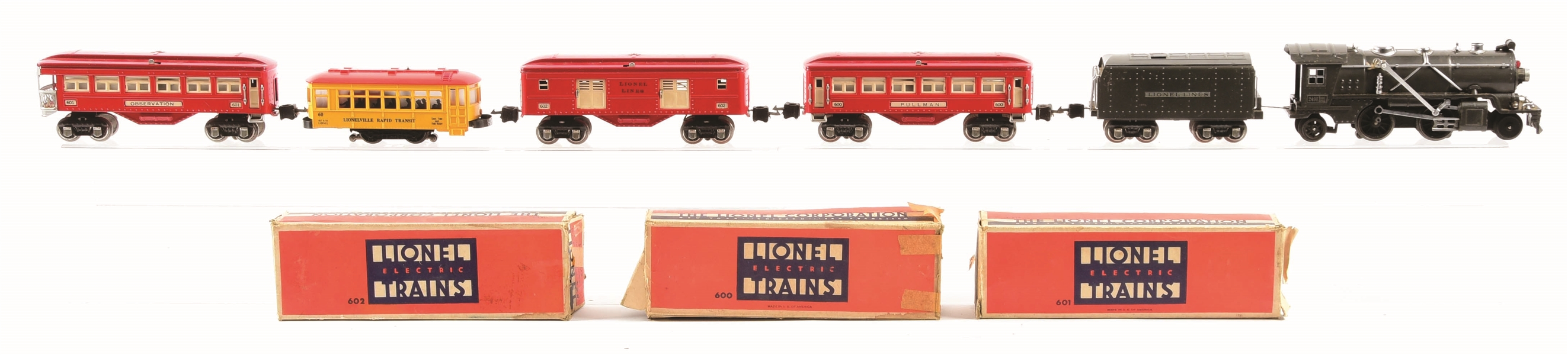 LIONEL TRAIN SET & TROLLEY CAR WITH 6 BOXES.