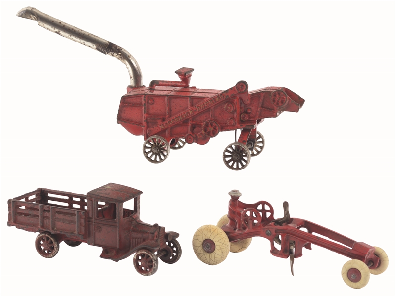 LOT OF 3: AMERICAN MADE CAST-IRON TRANSPORTATION TOYS.