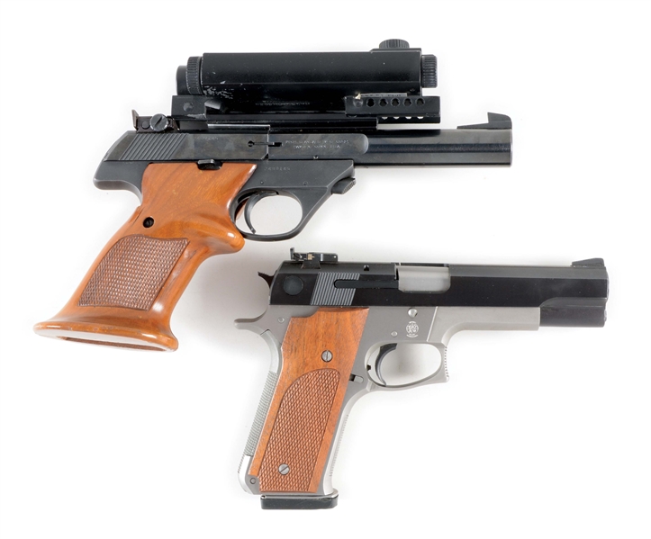 (M) LOT OF TWO: HIGH STANDARD "THE SHARPSHOOTER" SEMI-AUTOMATIC PISTOL WITH RED DOT SIGHT TOGETHER WITH A SMITH AND WESSON 745 SINGLE ACTION PISTOL.