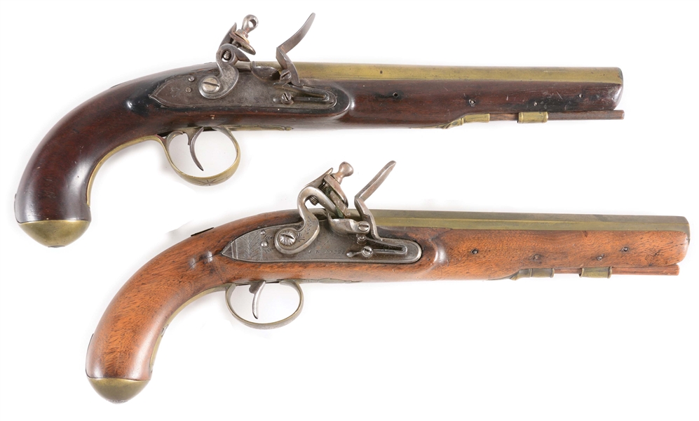 LOT OF 2: ENGLISH BRASS BARREL FLINTLOCK HOLSTER PISTOLS, ONE BY SHARPE, THE OTHER WITH LOCK MARKED A.W. SPIES.