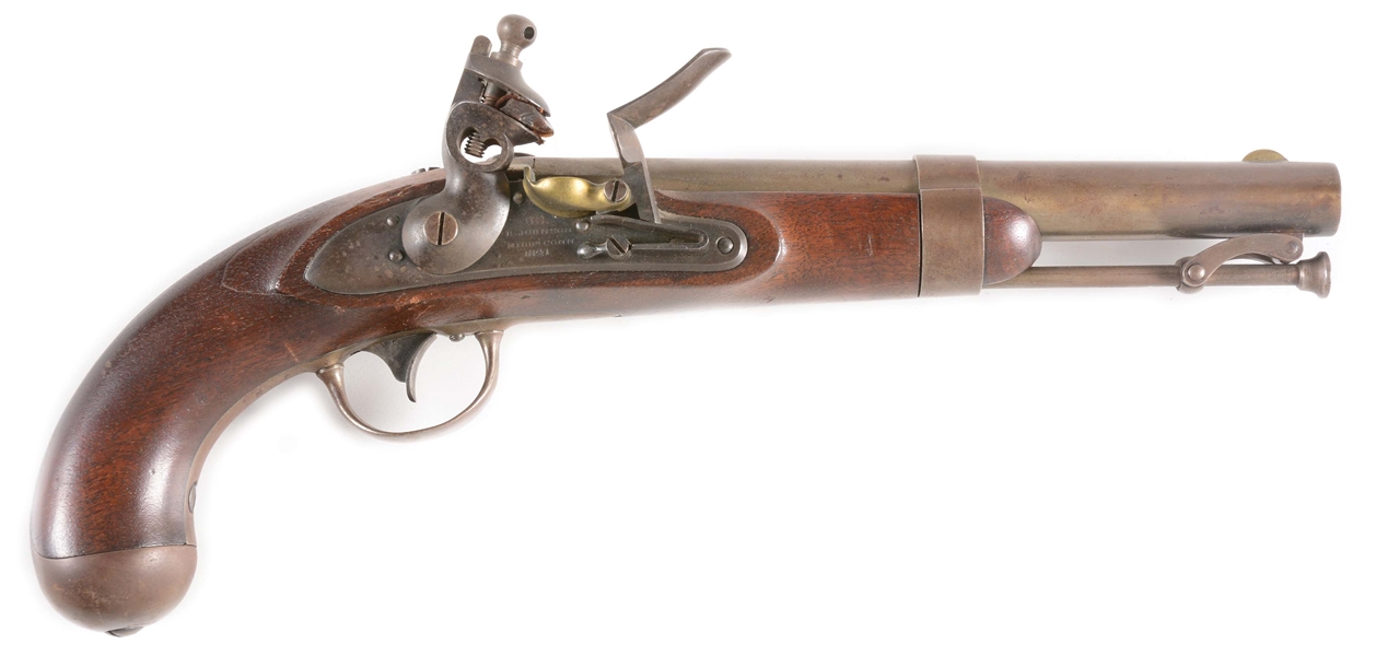 (A) GOOD MODEL 1836 US FLINTLOCK MARTIAL PISTOL BY R. JOHNSON DATED 1841, IN UNTOUCHED ORIGINAL CONDITION THROUGHOUT.