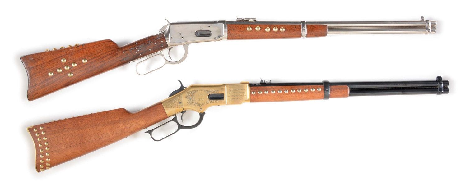 (A+M) LOT OF TWO: TWO INDIAN TACK DECORATED WINCHESTER LEVER ACTION RIFLES.
