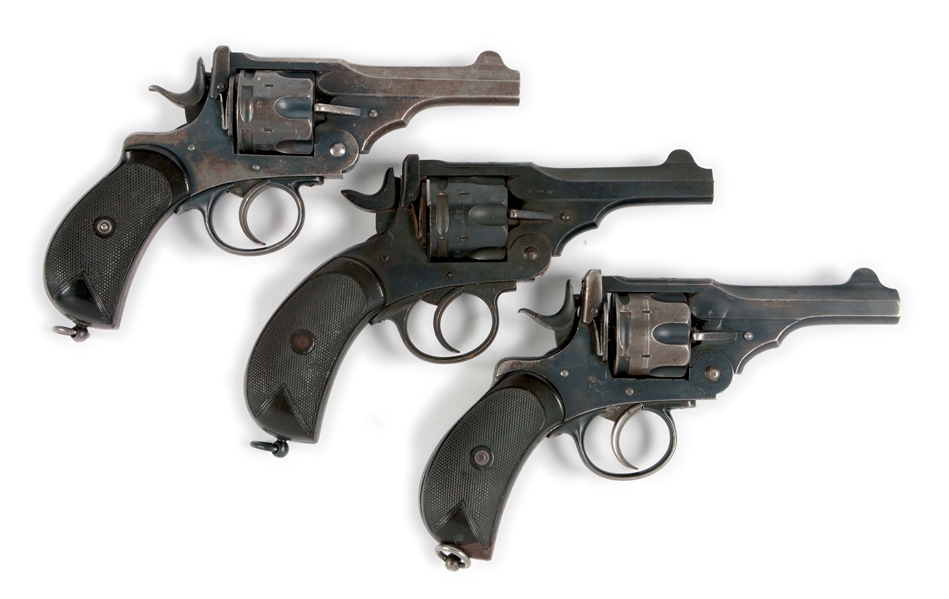 (A) LOT OF THREE: LARGE FRAME-LARGE CALIBER WEBLEY DOUBLE ACTION REVOLVERS.