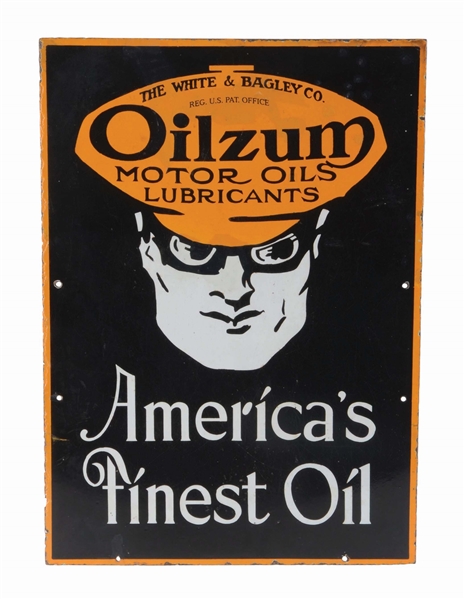 RARE OILZUM MOTOR OIL PORCELAIN CURB SIGN W/ OSWALD GRAPHIC.