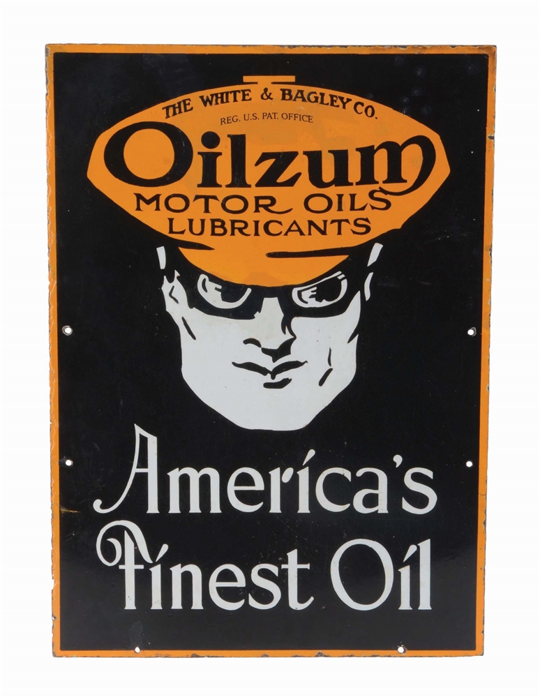 RARE OILZUM MOTOR OIL PORCELAIN CURB SIGN W/ OSWALD GRAPHIC.