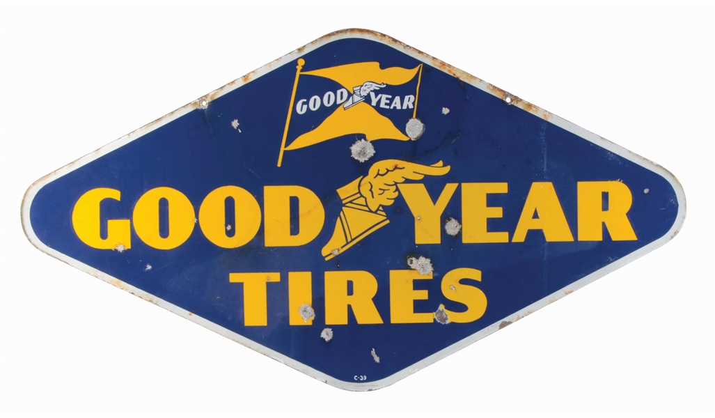 GOODYEAR TIRES PORCELAIN SIGN W/ WINGED FOOT & FLAG GRAPHIC.